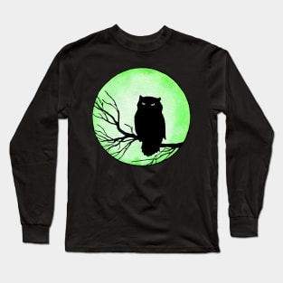 Scary Vintage Owl and Acid Green Watercolor Moon Long Sleeve T-Shirt